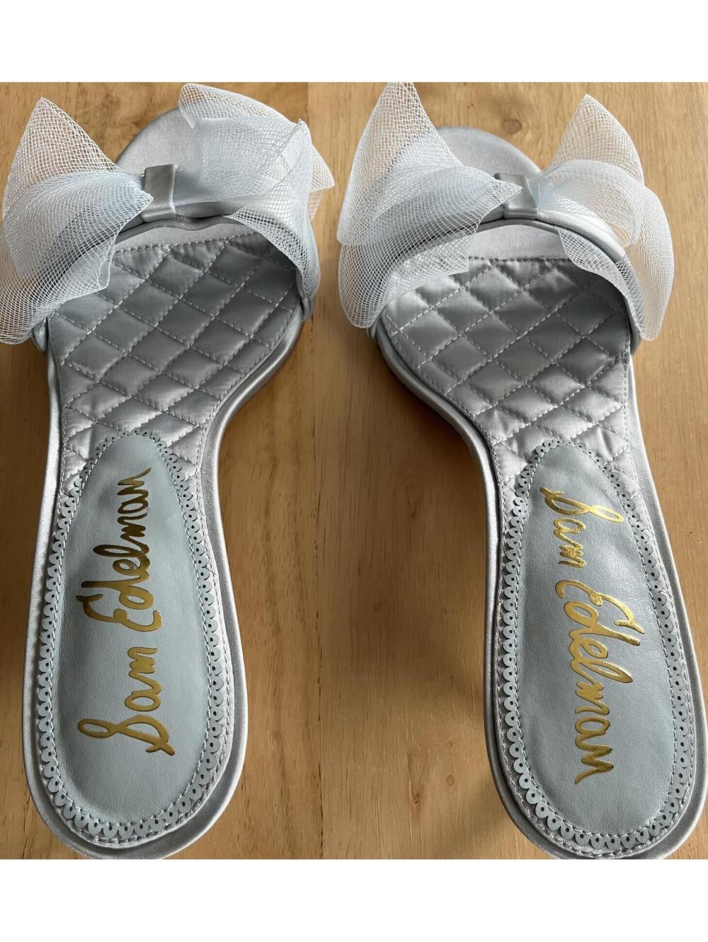Sam Edelman Corrie Blue Satin Silver Blue Tulle Bow Slide Sandals Size 10 New